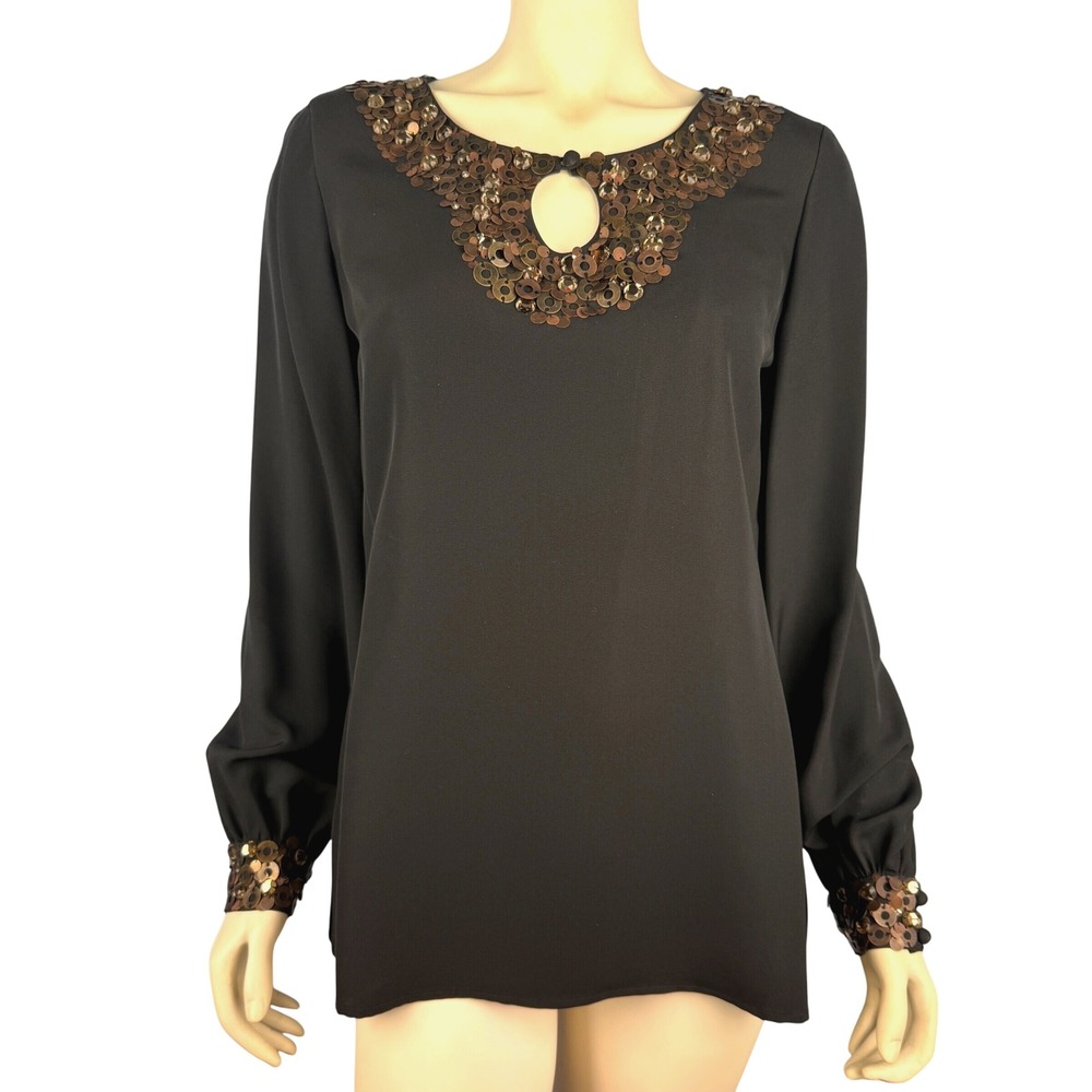 Dana Buchman Blouse 8 Black Sequin Embellished Satin‎ Top Holiday Party Elegant